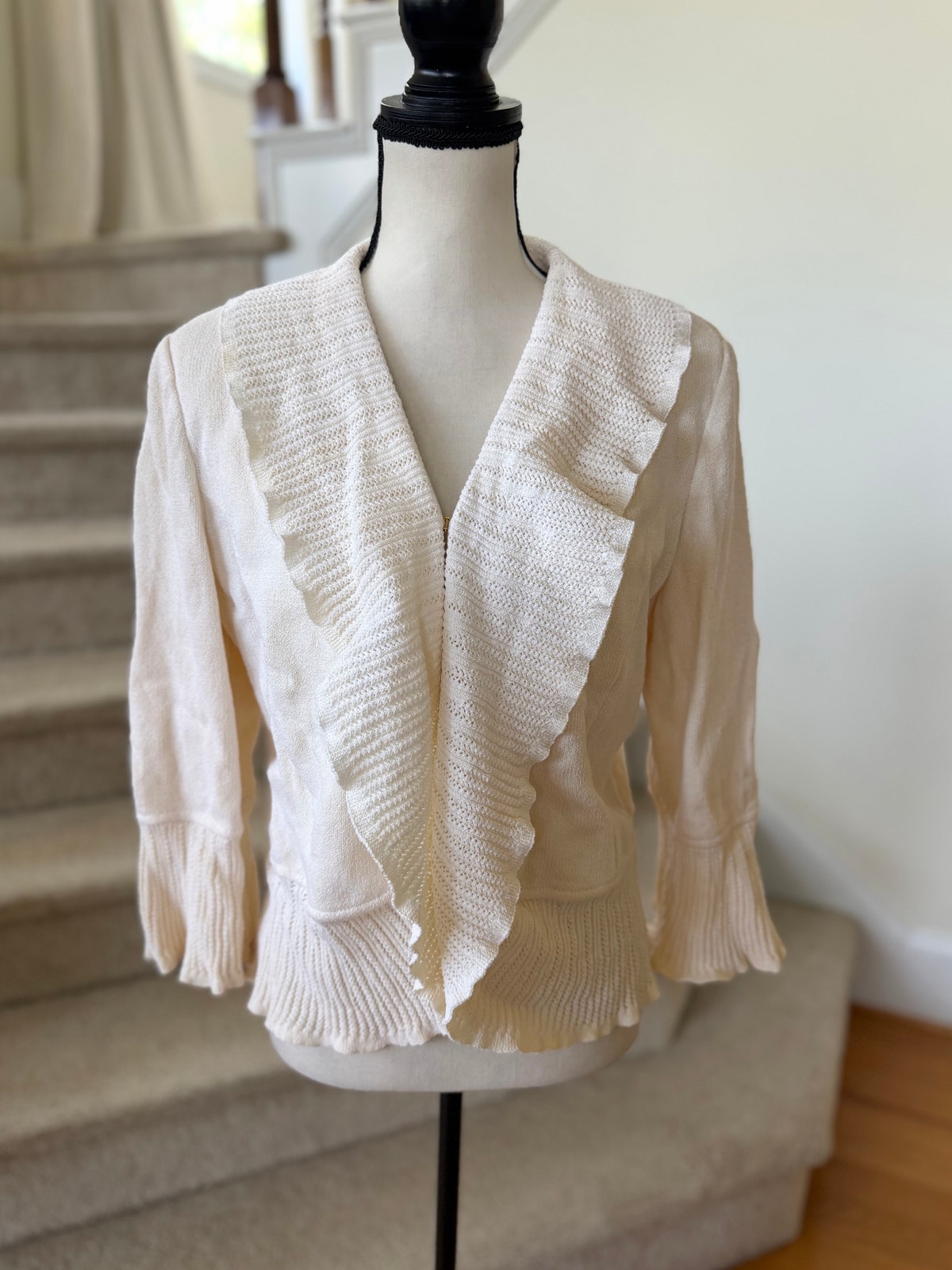 St. John Cream White Ruffle Collar & Sleeve Shawl Cardigan